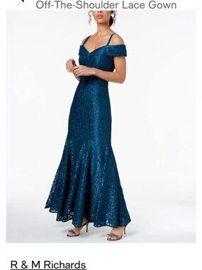 R&M Richards Teal Off-Shoulder Lace Maxi Skirted Gown